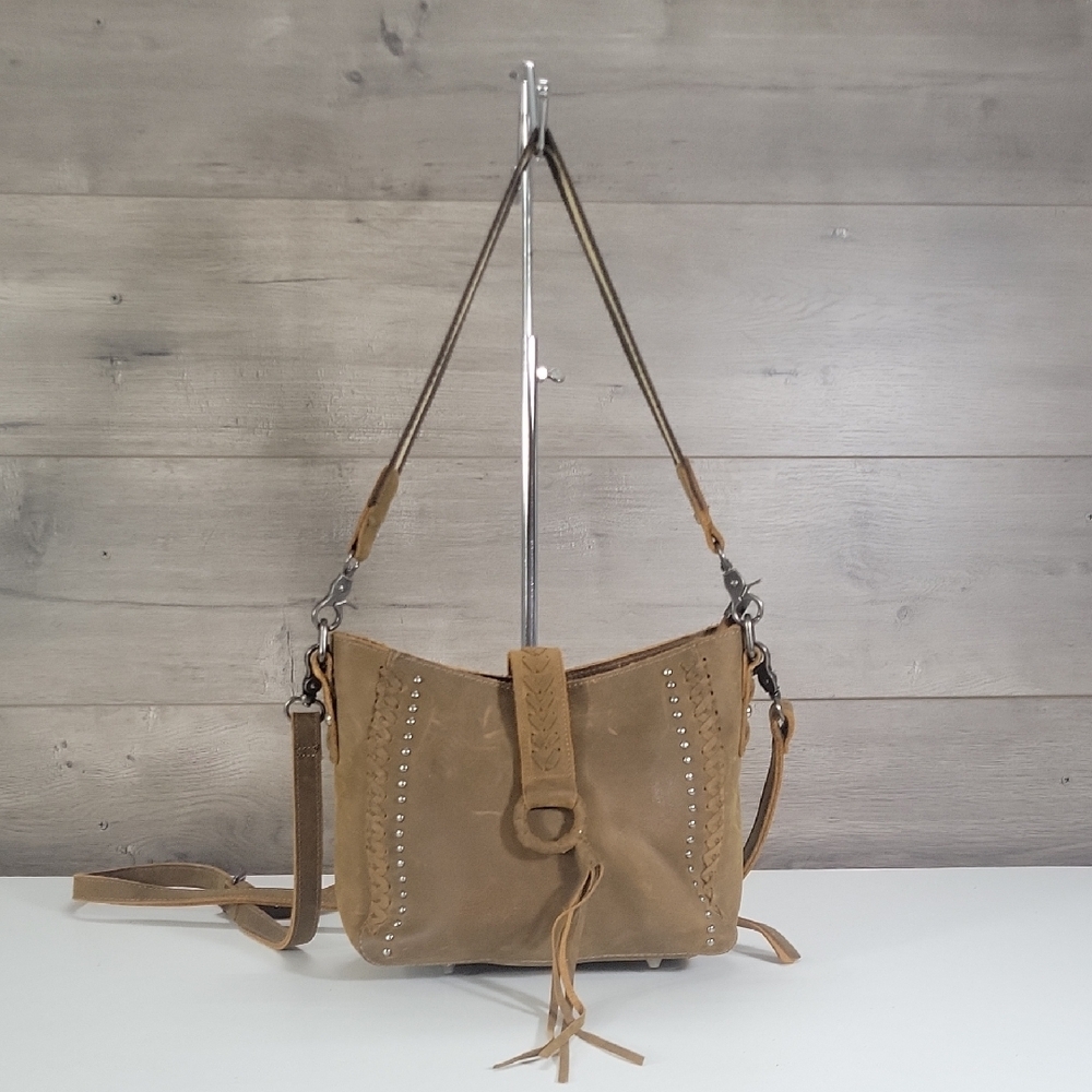 Montana West Leather Goods Brown Studded Leather Crossbody Shoulder Bag
